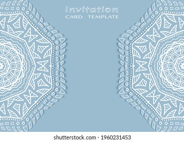 Einladung oder Kartenvorlage mit е Rahmenrahmen, doodle Linie Muster, mandala Element. Dekorative offene Arbeit figree Kunsthintergrund für Hochzeit, Valentinstag-Grußkarte, Geburtstagseinladung