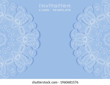 Invitation or Card template with lacе frame border, doodle line pattern, mandala element. Decorative openwork filigree art background for Wedding, Valentine's day greeting card, Birthday Invitation