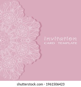 Invitation or Card template with lacе frame border, doodle line pattern, mandala element. Decorative openwork filigree art background for Wedding, Valentine's day greeting card, Birthday Invitation