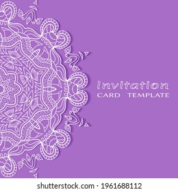 Invitation or Card template with lacе frame border, doodle line pattern, mandala element. Decorative openwork filigree art background for Wedding, Valentine's day greeting card, Birthday Invitation