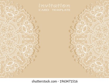 Invitation or Card template with lacе frame border, doodle line pattern, mandala element. Decorative openwork filigree art background for Wedding, Valentine's day greeting card, Birthday Invitation