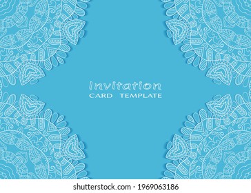 Invitation or Card template with lacе frame border, doodle line pattern, mandala element. Decorative openwork filigree art background for Wedding, Valentine's day greeting card, Birthday Invitation