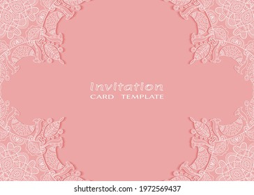 Invitation or Card template with lacе frame border, doodle line pattern, mandala element. Decorative openwork filigree art background for Wedding, Valentine's day greeting card, Birthday Invitation