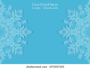 Invitation or Card template with lacе frame border, doodle line pattern, mandala element. Decorative openwork filigree art background for Wedding, Valentine's day greeting card, Birthday Invitation