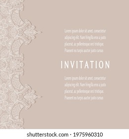 Invitation or Card template with lacе frame border, doodle line pattern, mandala element. Decorative openwork filigree art background for Wedding, Valentine's day greeting card, Birthday Invitation