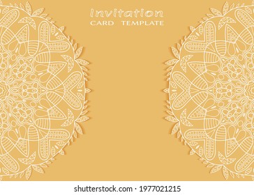 Invitation or Card template with lacе frame border, doodle line pattern, mandala element. Decorative openwork filigree art background for Wedding, Valentine's day greeting card, Birthday Invitation