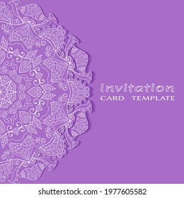 Invitation or Card template with lacе frame border, doodle line pattern, mandala element. Decorative openwork filigree art background for Wedding, Valentine's day greeting card, Birthday Invitation