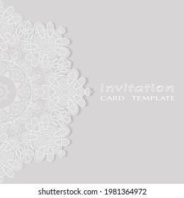 Invitation or Card template with lacе frame border, doodle line pattern, mandala element. Decorative openwork filigree art background for Wedding, Valentine's day greeting card, Birthday Invitation