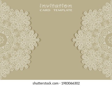 Invitation or Card template with lacе frame border, doodle line pattern, mandala element. Decorative openwork filigree art background for Wedding, Valentine's day greeting card, Birthday Invitation