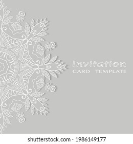 Invitation or Card template with lacе frame border, doodle line pattern, mandala element. Decorative openwork filigree art background for Wedding, Valentine's day greeting card, Birthday Invitation