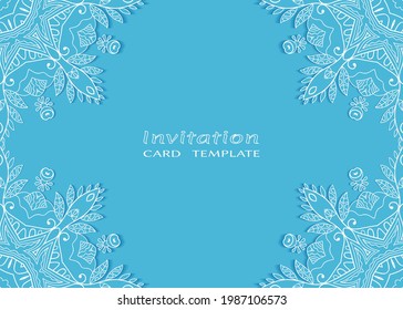 Invitation or Card template with lacе frame border, doodle line pattern, mandala element. Decorative openwork filigree art background for Wedding, Valentine's day greeting card, Birthday Invitation