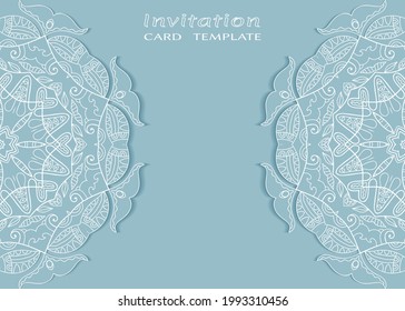 Invitation or Card template with lacе frame border, doodle line pattern, mandala element. Decorative openwork filigree art background for Wedding, Valentine's day greeting card, Birthday Invitation