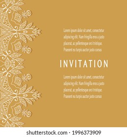 Invitation or Card template with lacе frame border, doodle line pattern, mandala element. Decorative openwork filigree art background for Wedding, Valentine's day greeting card, Birthday Invitation