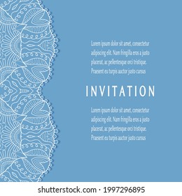 Plantilla de invitación o tarjeta con borde de marco е lacado, patrón de línea de doodle, elemento mandala. Fondo decorativo de obras de arte de fibra para bodas, tarjeta de saludo de San Valentín, invitación de cumpleaños