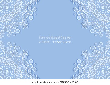 Invitation or Card template with lacе frame border, doodle line pattern, mandala element. Decorative openwork filigree art background for Wedding, Valentine's day greeting card, Birthday Invitation