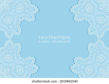 Invitation or Card template with lacе frame border, doodle line pattern, mandala element. Decorative openwork filigree art background for Wedding, Valentine's day greeting card, Birthday Invitation