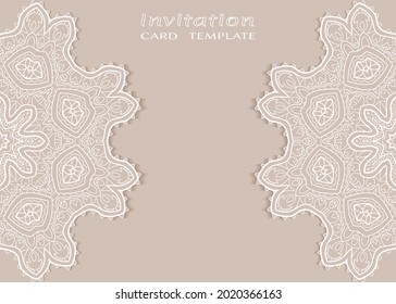 Invitation or Card template with lacе frame border, doodle line pattern, mandala element. Decorative openwork filigree art background for Wedding, Valentine's day greeting card, Birthday Invitation
