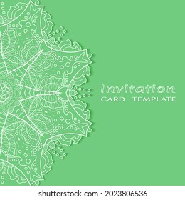 Invitation or Card template with lacе frame border, doodle line pattern, mandala element. Decorative openwork filigree art background for Wedding, Valentine's day greeting card, Birthday Invitation