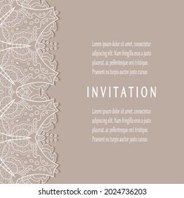 Invitation or Card template with lacе frame border, doodle line pattern, mandala element. Decorative openwork filigree art background for Wedding, Valentine's day greeting card, Birthday Invitation