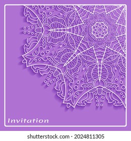 Invitation or Card template with lacе frame border, doodle line pattern, mandala element. Decorative openwork filigree art background for Wedding, Valentine's day greeting card, Birthday Invitation