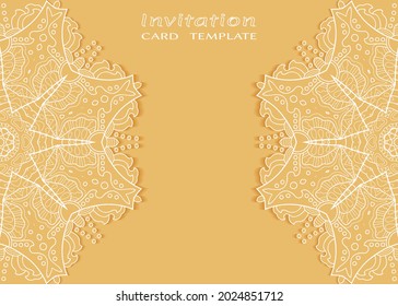 Plantilla de invitación o tarjeta con borde de marco е lacado, patrón de línea de doodle, elemento mandala. Fondo decorativo de obras de arte de fibra para bodas, tarjeta de saludo de San Valentín, invitación de cumpleaños