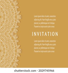 Invitation or Card template with lacе frame border, doodle line pattern, mandala element. Decorative openwork filigree art background for Wedding, Valentine's day greeting card, Birthday Invitation