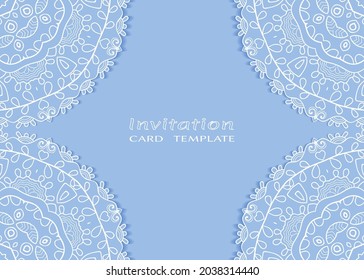 Invitation or Card template with lacе frame border, doodle line pattern, mandala element. Decorative openwork filigree art background for Wedding, Valentine's day greeting card, Birthday Invitation