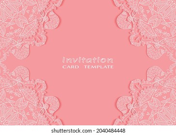 Invitation or Card template with lacе frame border, doodle line pattern, mandala element. Decorative openwork filigree art background for Wedding, Valentine's day greeting card, Birthday Invitation