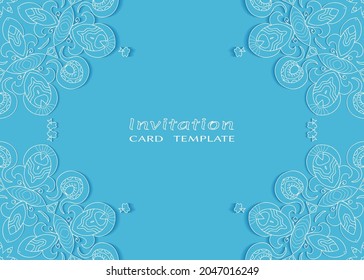 Invitation or Card template with lacе frame border, doodle line pattern, mandala element. Decorative openwork filigree art background for Wedding, Valentine's day greeting card, Birthday Invitation