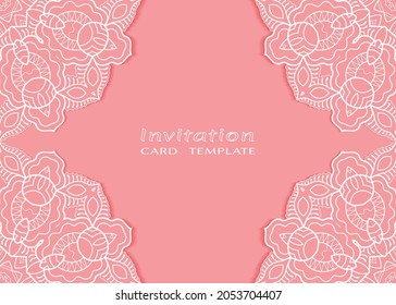 Plantilla de invitación o tarjeta con borde de marco е lacado, patrón de línea de doodle, elemento mandala. Fondo decorativo de obras de arte de fibra para bodas, tarjeta de saludo de San Valentín, invitación de cumpleaños