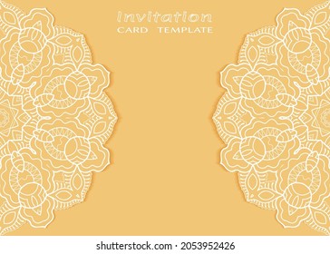 Invitation or Card template with lacе frame border, doodle line pattern, mandala element. Decorative openwork filigree art background for Wedding, Valentine's day greeting card, Birthday Invitation