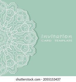 Invitation or Card template with lacе frame border, doodle line pattern, mandala element. Decorative openwork filigree art background for Wedding, Valentine's day greeting card, Birthday Invitation