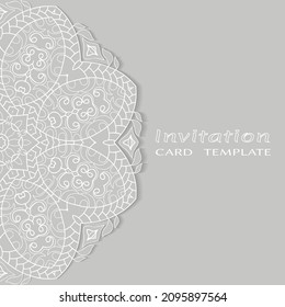 Invitation or Card template with lacе frame border, doodle line pattern, mandala element. Decorative openwork filigree art background for Wedding, Valentine's day greeting card, Birthday Invitation