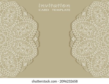 Invitation or Card template with lacе frame border, doodle line pattern, mandala element. Decorative openwork filigree art background for Wedding, Valentine's day greeting card, Birthday Invitation