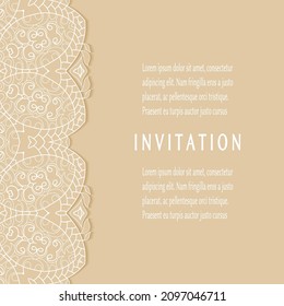 Invitation or Card template with lacе frame border, doodle line pattern, mandala element. Decorative openwork filigree art background for Wedding, Valentine's day greeting card, Birthday Invitation
