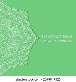 Invitation or Card template with lacе frame border, doodle line pattern, mandala element. Decorative openwork filigree art background for Wedding, Valentine's day greeting card, Birthday Invitation