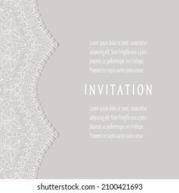 Plantilla de invitación o tarjeta con borde de marco е lacado, patrón de línea de doodle, elemento mandala. Fondo decorativo de arte de fibra de trabajo abierto para boda, tarjeta de saludo de San Valentín, invitación de cumpleaños