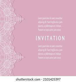 Invitation or Card template with lacе frame border, doodle line pattern, mandala element. Decorative openwork filigree art background for Wedding, Valentine's day greeting card, Birthday Invitation
