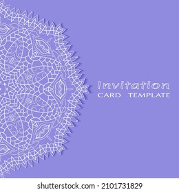 Invitation or Card template with lacе frame border, doodle line pattern, mandala element. Decorative openwork filigree art background for Wedding, Valentine's day greeting card, Birthday Invitation