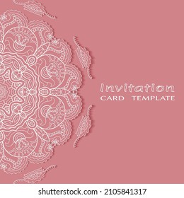 Invitation or Card template with lacе frame border, doodle line pattern, mandala element. Decorative openwork filigree art background for Wedding, Valentine's day greeting card, Birthday Invitation