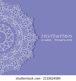 Invitation or Card template with lacе frame border, doodle line pattern, mandala element. Decorative openwork filigree art background for Wedding, Valentine's day greeting card, Birthday Invitation