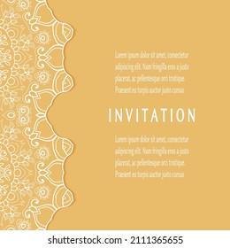 Invitation or Card template with lacе frame border, doodle line pattern, mandala element. Decorative openwork filigree art background for Wedding, Valentine's day greeting card, Birthday Invitation