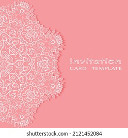 Invitation or Card template with lacе frame border, doodle line pattern, mandala element. Decorative openwork filigree art background for Wedding, Valentine's day greeting card, Birthday Invitation
