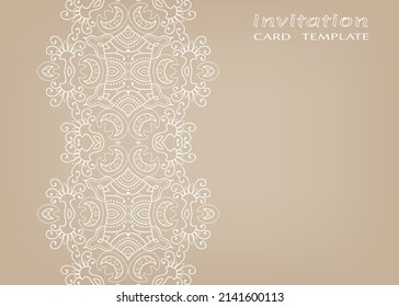 Invitation or Card template with lacе frame border, doodle line pattern, mandala element. Decorative openwork filigree art background for Wedding, Valentine's day greeting card, Birthday Invitation