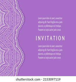 Plantilla de invitación o tarjeta con borde de marco е lacado, patrón de línea de doodle, elemento mandala. Fondo decorativo de arte de fibra de trabajo abierto para boda, tarjeta de saludo de San Valentín, invitación de cumpleaños
