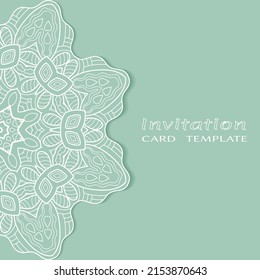 Invitation or Card template with lacе frame border, doodle line pattern, mandala element. Decorative openwork filigree art background for Wedding, Valentine's day greeting card, Birthday Invitation