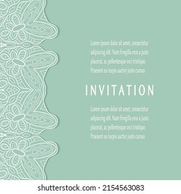 Invitation or Card template with lacе frame border, doodle line pattern, mandala element. Decorative openwork filigree art background for Wedding, Valentine's day greeting card, Birthday Invitation