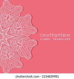 Invitation or Card template with lacе frame border, doodle line pattern, mandala element. Decorative openwork filigree art background for Wedding, Valentine's day greeting card, Birthday Invitation