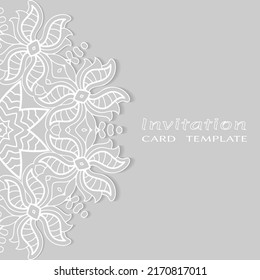 Invitation or Card template with lacе frame border, doodle line pattern, mandala element. Decorative openwork filigree art background for Wedding, Valentine's day greeting card, Birthday Invitation