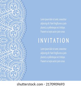 Invitation or Card template with lacе frame border, doodle line pattern, mandala element. Decorative openwork filigree art background for Wedding, Valentine's day greeting card, Birthday Invitation